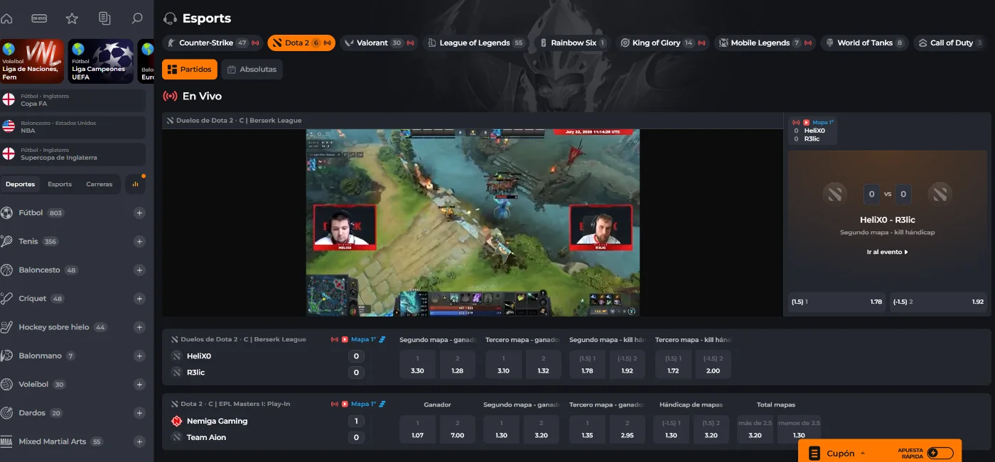 Esports en vivo de Corgibet Casino Apuestas de esports en vivo de Corgibet Casino con partidos de Dota 2 y cuotas
