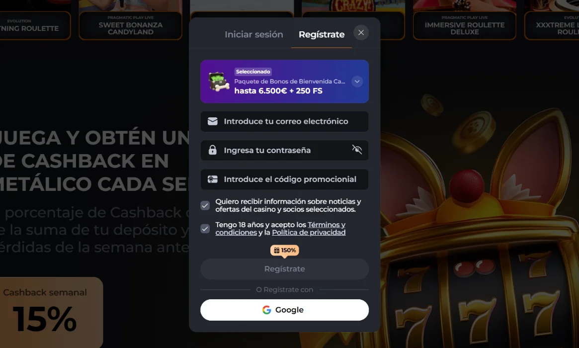 Registro con bono de Corgibet Casino Formulario de registro de Corgibet Casino con bono de bienvenida y acceso con Google